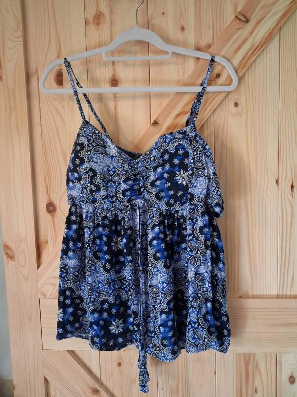 No Boundaries 3X Boho Paisley Tie Front Babydoll Tank Top Blue Flowy